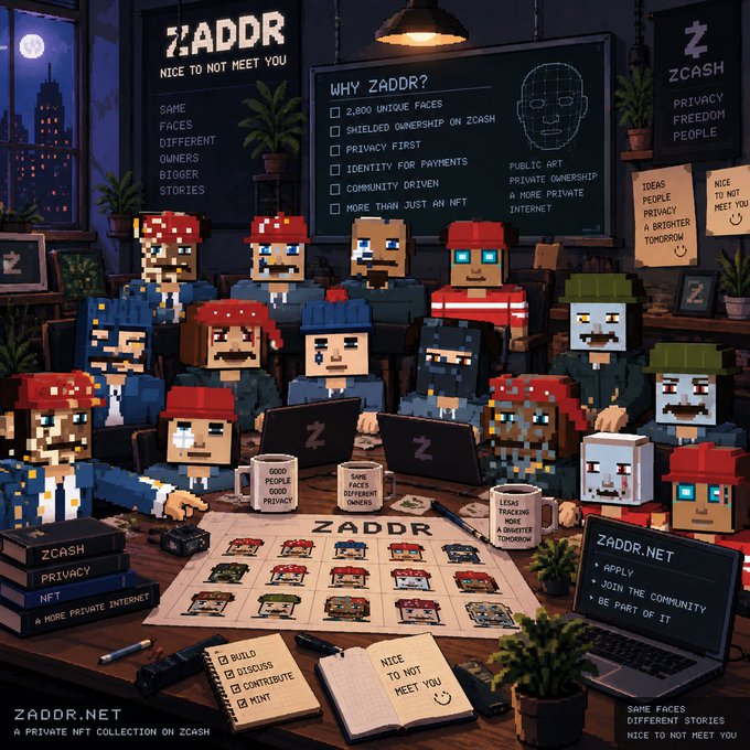 A pixel art illustration promoting 'ZADDR' and 'ZCASH,' featuring blocky characters with various hats and faces gathered around a table with laptops, mugs, and documents, with text highlighting 'A More Private Internet' and 'Privacy for Payments.'