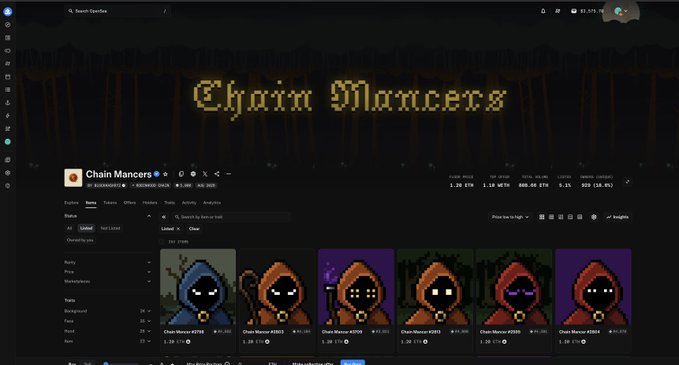 Screenshot of OpenSea NFT marketplace showing the 'Chain Mancers' collection with hooded character NFTs at various price tiers.