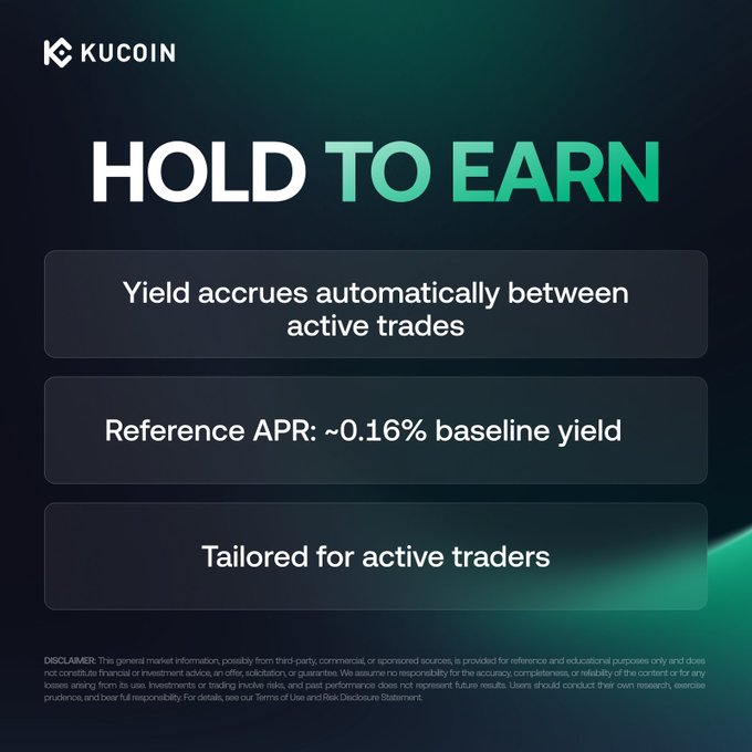 A KuCoin promotional graphic titled 'HOLD TO EARN' with bullet points stating 'Yield accrues automatically between active trades', 'Reference APR: ~0.16% baseline yield', and 'Tailored for active traders'.