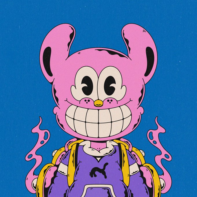 A pop art style illustration of a pink cartoon character with an exaggerated wide grin, large round ears, and purple overalls against a solid blue background.