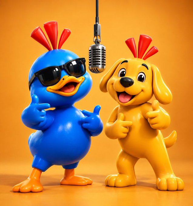 A 3D render of a blue cartoon bird wearing black sunglasses and a yellow cartoon dog, both posing and giving thumbs-up next to a vintage silver microphone on an orange backdrop.