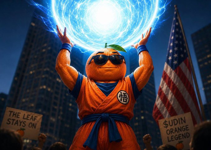 A muscular orange character wearing sunglasses and a "悟" (Goku-style) gi channels a swirling blue energy ball above his head, with protest signs reading "THE LEAF STAYS ON" and "$UDIN ORANGE LEGEND" displayed beside an American flag. The image visually embodies the post's celebration of $UDIN's resilience amid memecoin FUD, positioning the orange "brainrot" character as a powerful, community-backed hero tied to the upcoming Spyder Games vs. Mementum Lab legal case.