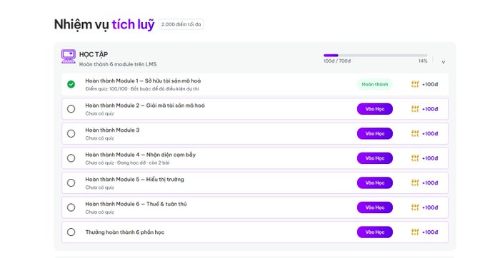 This image displays a "Nhiệm vụ tích luỹ" (Accumulated Tasks) interface showing 6 learning modules, with points awarded for completion, directly relating to the #SCEX Simulator program mentioned in the post. The #SCEX Simulator offers rewards exceeding 1 billion Vietnamese Dong, with top ranks receiving significant payouts like 200 million VND.
