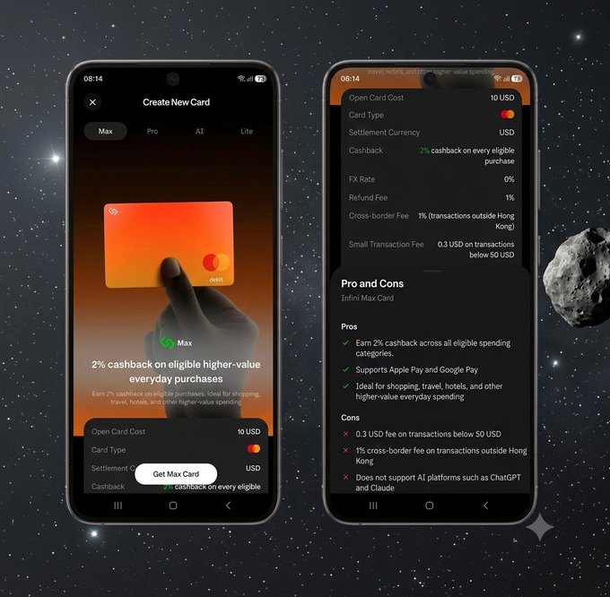 Two smartphone screenshots displaying details for an 'Infinit Max Card', showing a 2% cashback offer and associated pros and cons against a starry space background.