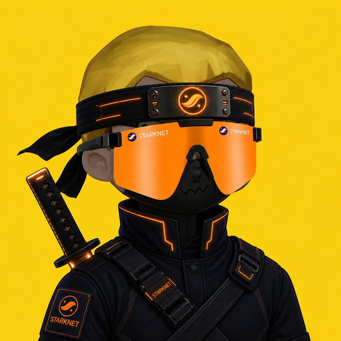 The image features a cartoon character wearing a black outfit, including a helmet with orange goggles that have a StarNet logo on them. The character also has a sword in their hand. The background of the image is yellow, which contrasts with the black elements of the character's attire and the sword. The caption "new harold new starknet" suggests that this image might be related to a post about the StarNet company or something similar.