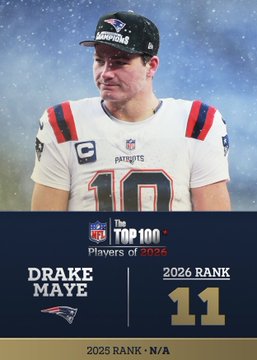 The image showcases NFL player Drake Maye in his New England Patriots uniform, identified by the "NFL TOP 100 Players of 2026" graphic, which ranks him at #11. The accompanying post notes that the NFL Top 100 list placed Maye at 11 and Lamar Jackson at 69, highlighting the disparity in their rankings.