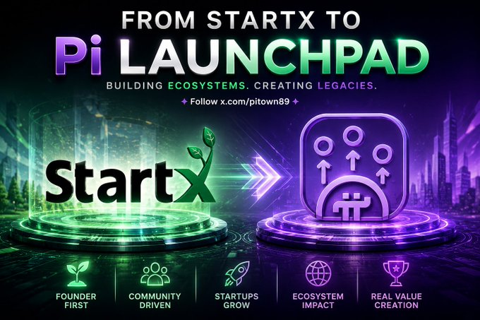 A vibrant promotional graphic titled "FROM STARTX TO Pi LAUNCHPAD" with the subtitle "BUILDING ECOSYSTEMS. CREATING LEGACIES." and lists "Founder First, Community Driven, Startups Grow, Ecosystem Impact, Real Value Creation."