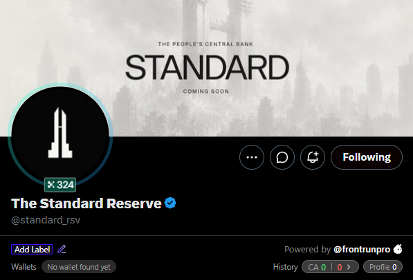 The image shows a Twitter/X profile page for "The Standard Reserve" (@standard_rsv), verified with 324 followers, featuring a header banner reading "THE PEOPLE'S CENTRAL BANK - STANDARD COMING SOON" over a grayscale city skyline. The profile relates to the post about an upcoming onchain central bank NFT mint, with the displayed username matching the tagged @standard_rsv announcing 125 of 1000 charter spots already allocated.
