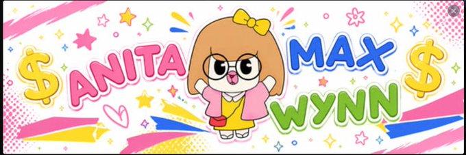 A colorful cartoon banner featuring an excited chibi-style girl with a yellow bow, pink jacket, and glasses, surrounded by stars, dollar signs, and the text "ANITA" and "MAX WYNN" in playful lettering. The banner matches the context of a community member's $WYNN profile image on Moby, showcasing a personalized and vibrant design for the stock ticker.