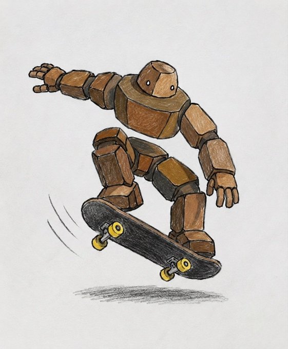 A hand-drawn colored pencil illustration of a wooden robot performing a skateboard trick.