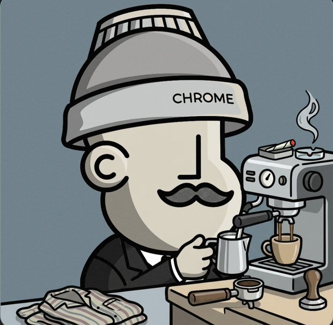 A cartoon mascot character with a large nose and mustache, wearing a hat labeled 'CHROME' and a suit, steaming milk for coffee at an espresso machine.