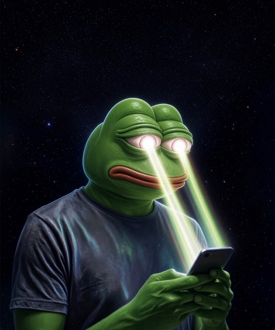 A 3D-rendered illustration of a green Pepe the Frog character in a dark t-shirt with glowing pink eyes emitting laser beams downward toward a smartphone, set against a starry night sky background.