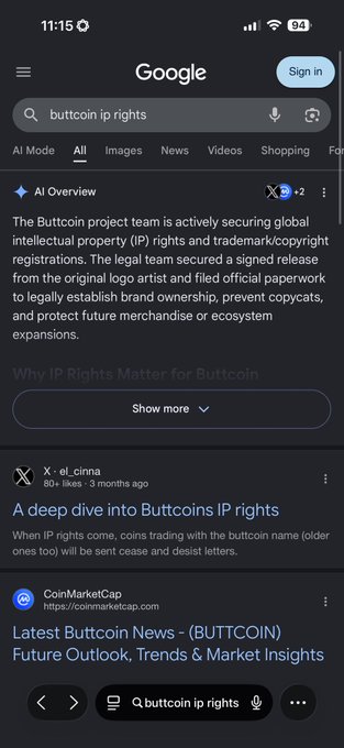 A Google search results page for 'buttcoin ip rights,' highlighting an AI Overview about the Buttcoin project team securing IP rights and trademark/copyright, along with a tweet from @el_cinna discussing a cease and desist over the name.