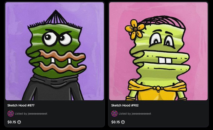 Two Sketch Hood NFTs (#877 and #902) are displayed side-by-side, each listed at $0.15 by user "jeeeeeeeeeeeet," illustrating the post's confusion about minting an NFT for $0.24 only to immediately list it below mint price for $0.15. The cartoon characters—one a grumpy green figure with a mustache on a purple background, the other a cheerful green figure with a flower on a pink background—appear as examples of these seemingly unprofitable listings.