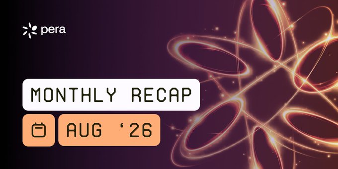 A promotional graphic with the "pera" logo, displaying "MONTHLY RECAP" and "AUG '26" against a dark background with swirling orange light effects.