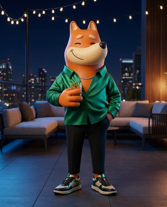 A relaxed Shiba Inu mascot in a green button-up shirt and black pants holds a cocktail on a rooftop lounge, embodying the "no limits" vibe of always moving forward.