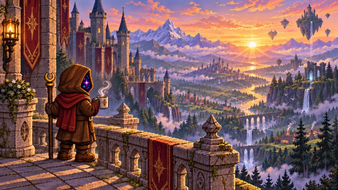 A fantasy illustration of a hooded character holding a staff and a steaming cup, standing on a castle balcony overlooking a vast valley with floating islands and a sunset.
