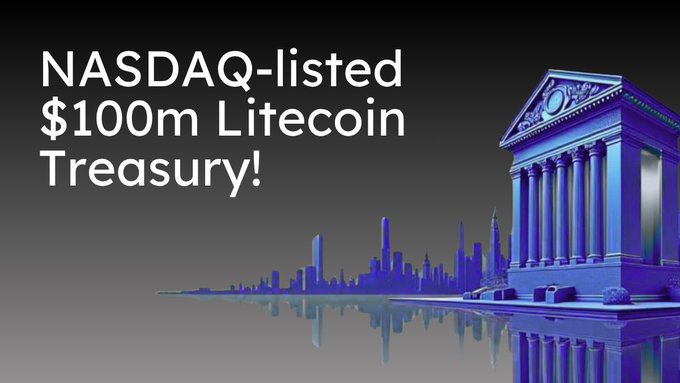An advertisement reading 'NASDAQ-listed $100m Litecoin Treasury!' featuring an illuminated classical building against a city skyline.