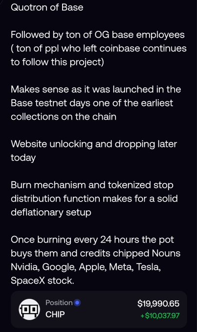 A tweet thread discussing Quotron of Base, noting its early launch on the Base testnet, its burn mechanism and tokenized stock distribution, mentioning Nvidia, Google, Apple, Meta, Tesla, SpaceX, with a chip showing $19,990.65 and +$10,037.97.