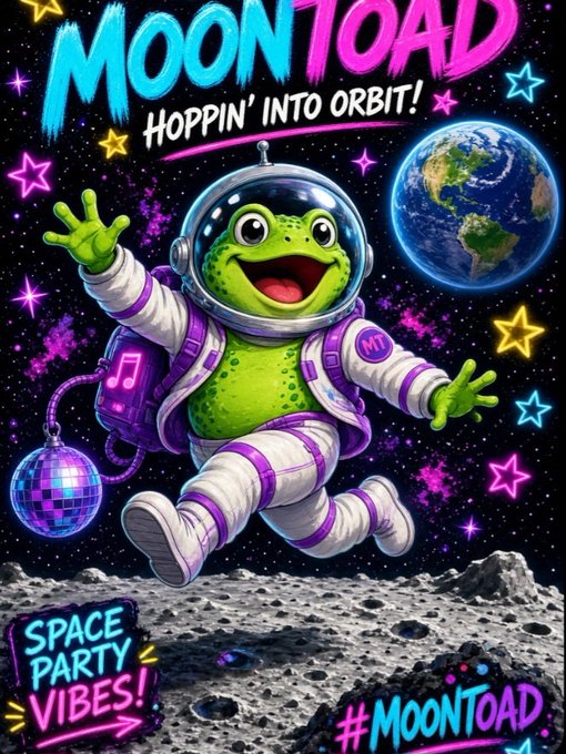 A colorful cartoon poster titled 'MOONTOAD - HOPPIN' INTO ORBIT!' featuring an astronaut frog with a disco ball and Earth in space, with 'SPACE PARTY VIBES!' and '#MOONTOAD' text.