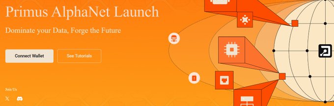 An orange landing-page graphic reads “Primus AlphaNet Launch” and “Dominate your Data. Forge the Future,” with buttons labeled “Connect Wallet” and “See Tutorials,” plus network and hardware-style icons.