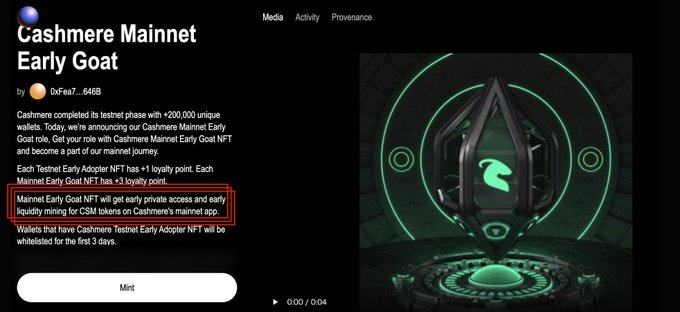 A webpage about a "Cashmere Mainnet Early Goat" NFT collection, showing a glowing green geometric 3D object and details about the minting process.