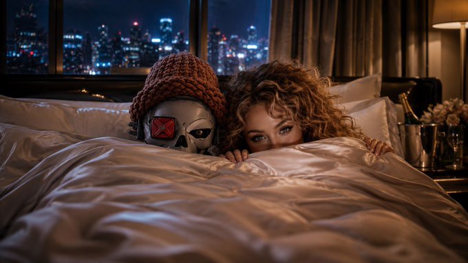 A person with curly hair peeks over a white blanket next to a figure wearing a mask and beanie in a hotel room at night.