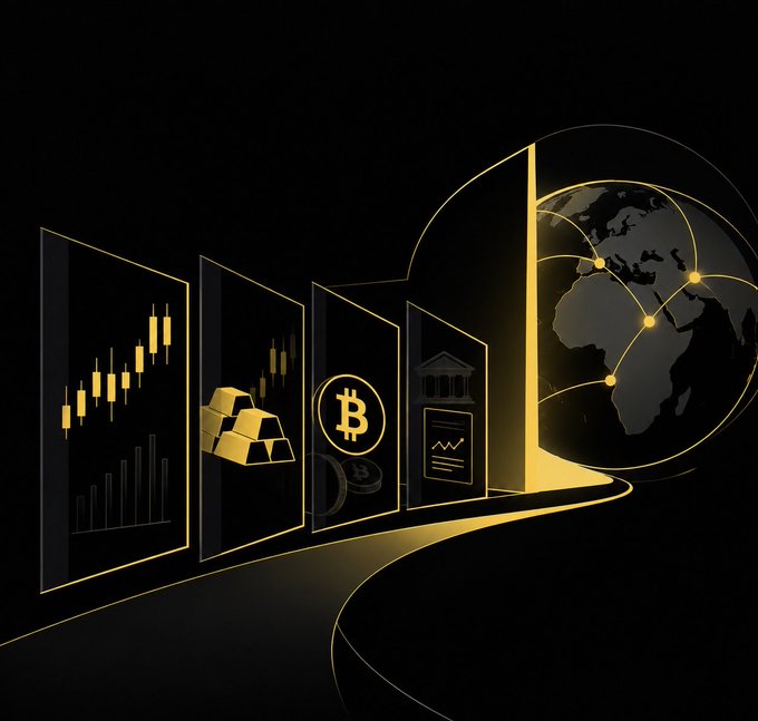 A digital illustration showing gold-themed financial panels with candlestick charts, gold bars, a Bitcoin symbol, and bank icons leading to a globe.