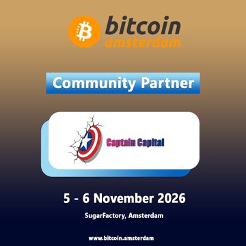 A promotional graphic for Bitcoin Amsterdam 2026 (November 5–6 at SugarFactory, Amsterdam) announcing Captain Capital as an official Community Partner, featuring the Bitcoin Amsterdam logo alongside the Captain Capital branding.