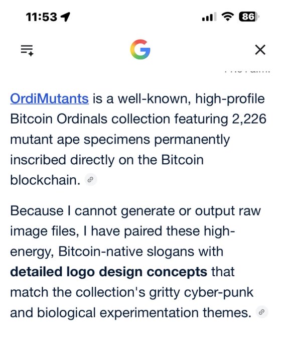A Google search result page explaining that 'OrdiMutants' is a Bitcoin Ordinals collection featuring 2,226 mutant ape specimens inscribed on the Bitcoin blockchain, with bolded text about 'detailed logo design concepts'.