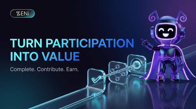 A promotional banner for "ZENi" features the tagline "TURN PARTICIPATION INTO VALUE - Complete. Contribute. Earn." alongside a purple-clad robot mascot pointing at glowing nodes.