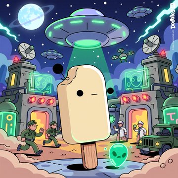 The image features a cartoon ice cream cone with a bite taken out of it, surrounded by various characters from different planets. The scene takes place in an alien-themed setting where there are spaceships flying overhead, and people walking around. The caption at the bottom of the image reads "I want to say THANK YOU to everyone that entered my @doodles" and includes a reference to a post on social media.