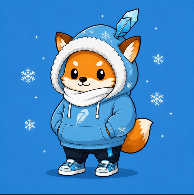 A cute cartoon fox character wearing a blue hoodie with a feather-like emblem stands against a blue background with falling snowflakes, matching the winter-themed "$HOODZI" branding in the post.