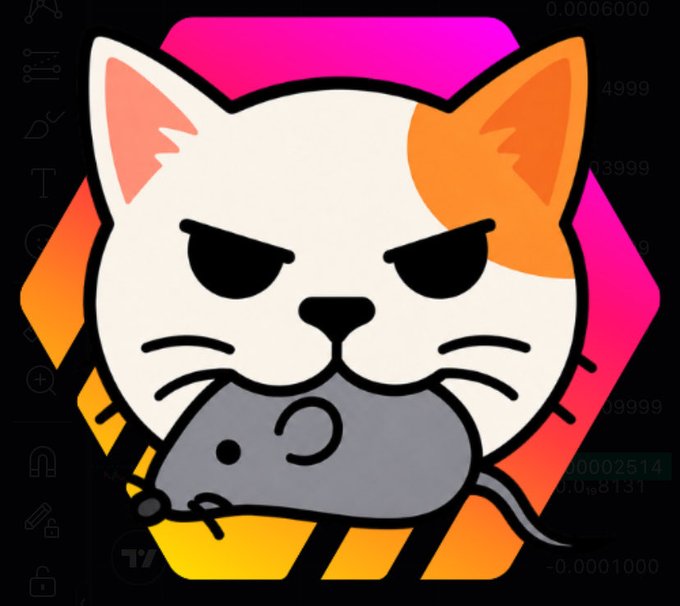 Cartoon cat holding a mouse, with colorful orange and pink accents in the background.