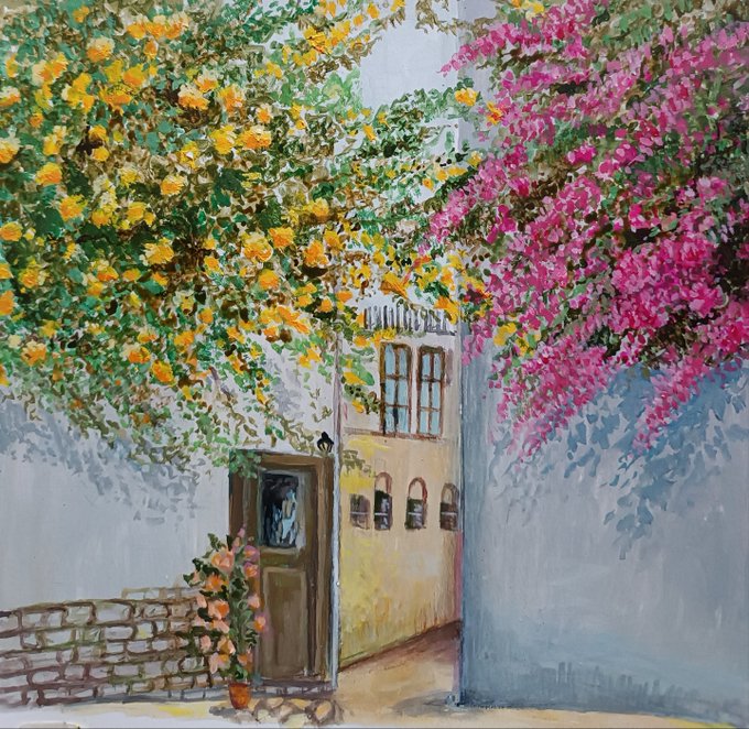 A vibrant oil painting depicting a sunlit courtyard scene with yellow and pink flowering vines cascading over white walls, framing a view of a yellow building in the background.