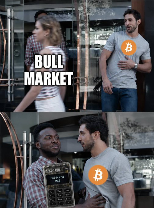 The meme, captioned "BULL MARKET," contrasts the top panel showing a man with a Bitcoin logo eagerly watching a woman walk away, with the bottom panel revealing a man in a suit handing him a "Coldcard Mk.3" hardware wallet, satirizing how bull markets attract "grifters" and "larpers" offering dubious crypto products rather than genuine Bitcoin education and development.