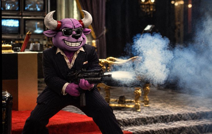 A purple anthropomorphic bull character wearing a pinstripe suit and sunglasses fires a large black rifle, creating a cloud of smoke and muzzle flash.