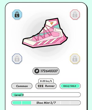 The image displays a digital NFT sneaker from STEPN featuring a pink and teal high-top sneaker labeled "Common" (Level 5) with "Runner" status at 8-20 km/h, showing ID 172640337, Shoe Mint 2/7, and 100.0/100.0 durability. It connects to the post about showcasing cute Japanese-style sneakers ("KUTU KAWAII") in 2YOU Magazine, highlighting the trendy collectible shoe aesthetic featured in the editorial.