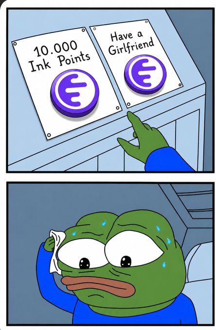 The image features a cartoon frog with green skin, wearing a blue shirt, holding a tissue over its eyes as if it's crying. Below this scene, there are two options displayed for the frog - one option reads "10,000 points" while the other says "Have a girlfriend". The post also includes an image of a cartoon frog and text that reads "$INK is coming choose wisely."