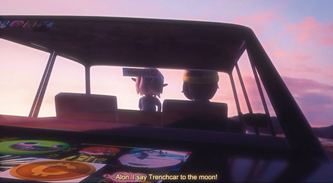 Two animated characters viewed from behind inside a car looking out at a pink and purple sunset sky, with dashboard covered in circular stickers and subtitle 'Alon. I'll say Trenchcoat to the moon!'