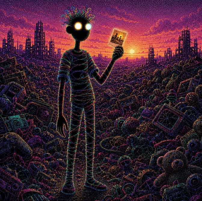 A vibrant psychedelic illustration of a humanoid figure with glowing eyes, holding a small picture, standing before a surreal landscape of discarded toys and electronics under a sunset sky.