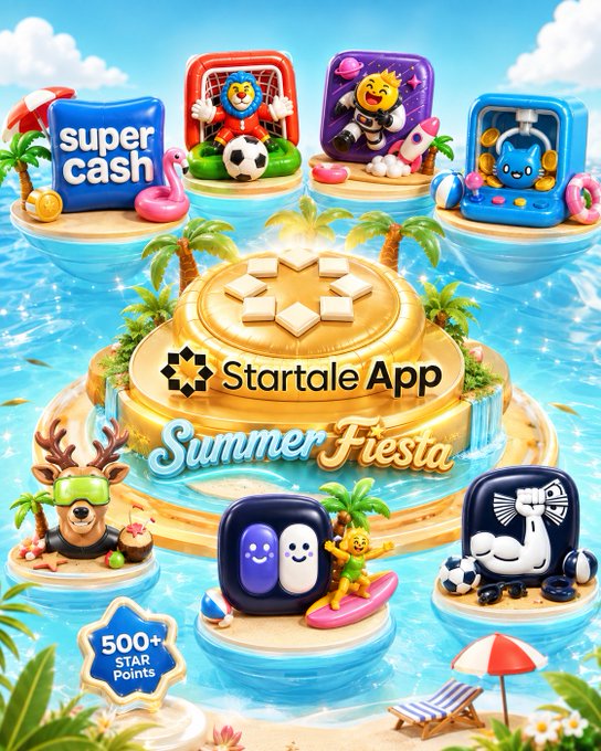 A vibrant promotional graphic for the 'Startale App Summer Fiesta' featuring various 3D character icons including a soccer player, astronaut, slot machine, deer, and flamingo around a tropical island setting, with text reading 'Super Cash' and '500+ STAR Points'.