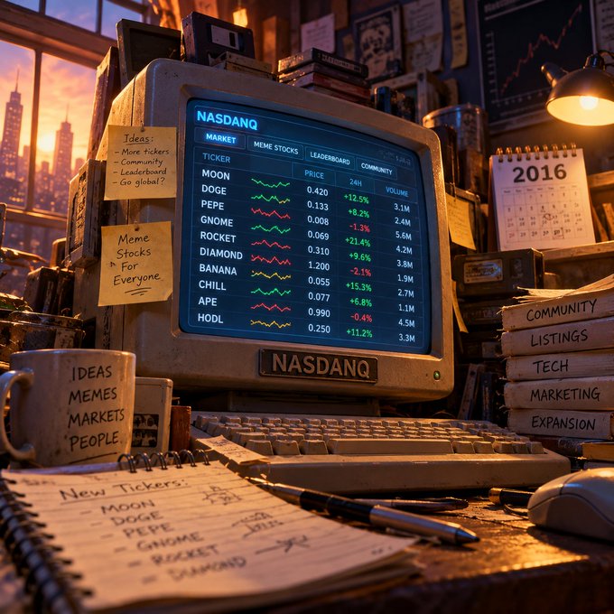 A retro-style desk scene showing an old computer monitor displaying a NASDANQ-style meme stock ticker (MOON, DOGE, PEPE, GNOME, ROCKET, DIAMOND, BANANA, CHILL, APE, HODL) with sticky notes reading 'Ideas: More Tickers, Community, Leaderboard, Go global!' and 'Meme Stocks for Everyone'.