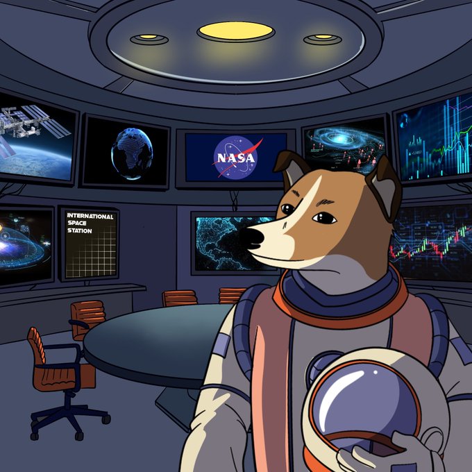 A cartoon-style image depicts a Shiba Inu dog wearing a spacesuit inside a NASA control room, holding a helmet, with screens displaying space and stock charts in the background.