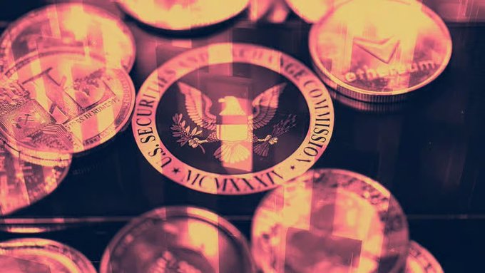 A close-up of several physical cryptocurrency coins, prominently featuring a "SECURITAS SIC COMMISSIO NOISSIM MI" token with an eagle emblem, surrounded by Ethereum coins under pinkish-orange lighting.