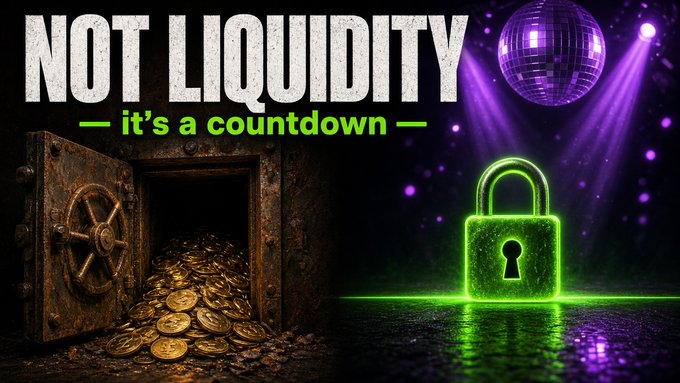 A split graphic reading 'NOT LIQUIDITY — it's a countdown —', featuring a vault of gold coins on the left and a glowing green padlock under a disco ball on the right.
