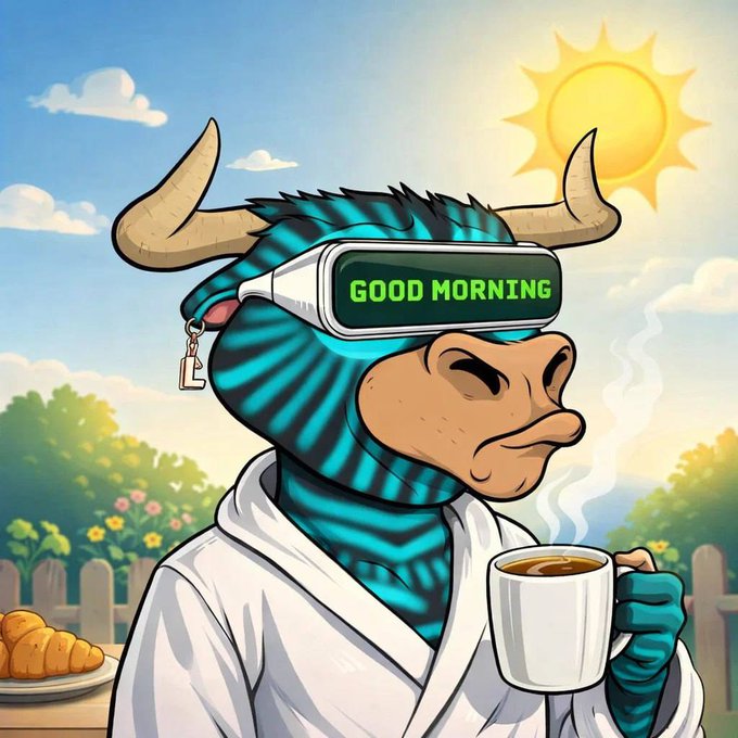 A cartoon bull with teal striped fur and horns enjoys a morning coffee in a bathrobe, wearing a VR headset displaying "GOOD MORNING" alongside a croissant under a bright sun—perfectly capturing the relaxed, cheerful start-of-day vibe of the post.