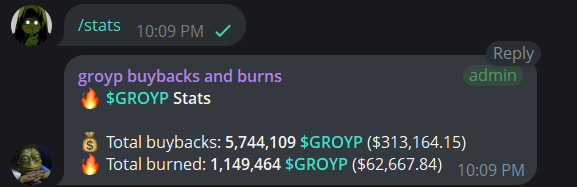 A Discord screenshot from /stats showing $GROYP buyback and burn statistics: Total buybacks are 5,744,109 $GROYP ($313,164.15) and Total burned is 1,149,464 $GROYP ($62,667.84), posted by admin at 10:09 PM.