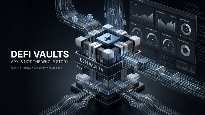 A dark, futuristic digital graphic promoting 'DEFI VAULTS' with the tagline 'APY IS NOT THE WHOLE STORY - Risk • Strategy • Liquidity • Real Yield,' featuring a 3D vault structure alongside analytics dashboards.