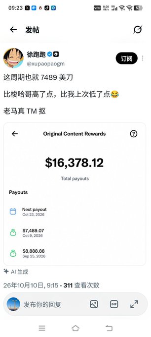 A Chinese-language social media post by user @xupaopaogm showing Twitter 'Original Content Rewards' payouts totaling $16,378.12, with the text translating to roughly: 'This period is only 7,489 USD, a bit higher than Hami, a bit lower than my last one, damn TM damn cheap.'